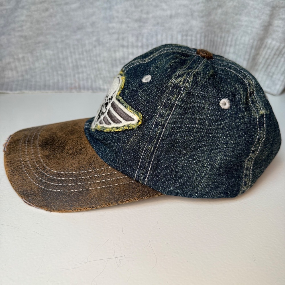 Kbethos Denim Hat Distressed Skull Winged Patch Blue Brown Faux Leather Mens Cap - Picture 3 of 7